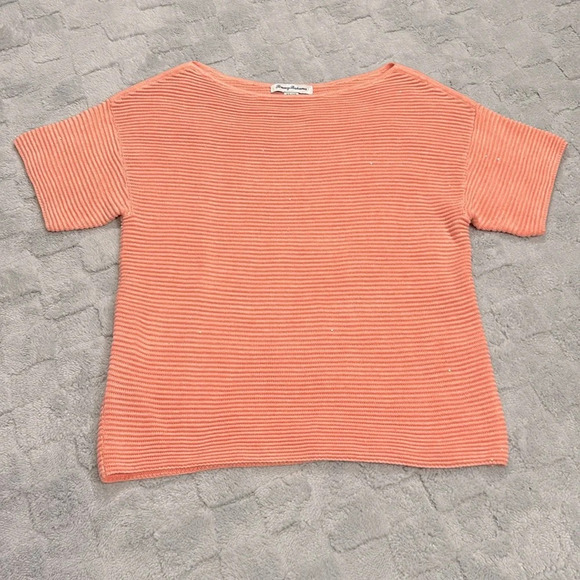 Tommy Bahama Boat Neck Peach Short Sleeve Sweater W/ Micro Iridescent Sequins XS - Picture 2 of 8